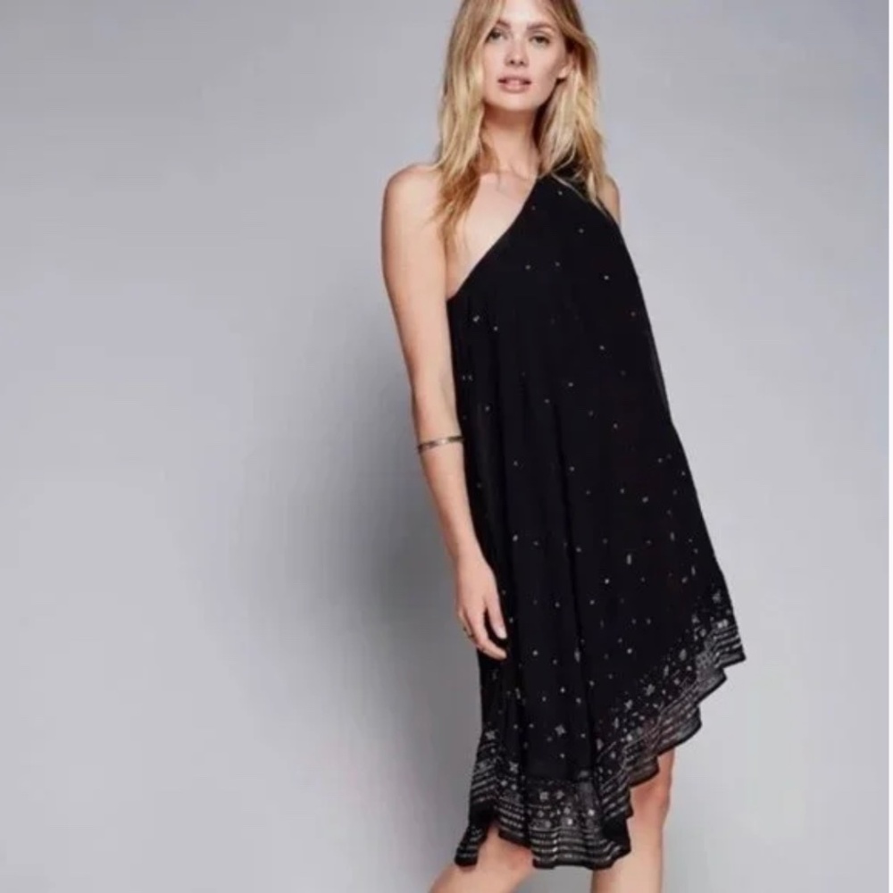 FREE PEOPLE One Shoulder Black Beaded Asymmetrical Hem Dress